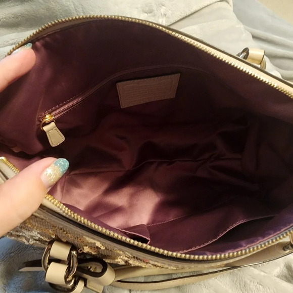 Coach Champagne Leather Gold Sequined Poppy Signature East West Satchel - Picture 8 of 9